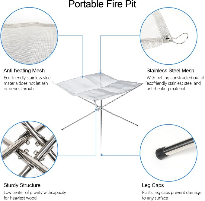 22inch Portable Fire Pit Outdoor for Camping, Folding Steel Mesh Fireplace with Carry Bag for Outdoor Hiking Camping Survival BBQ Picnic