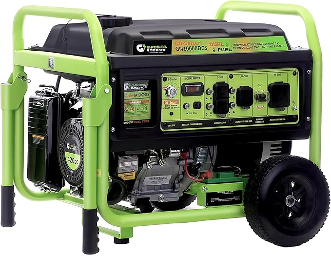 Green-Power America Dual Fuel Portable Generator 10000 Watt,Gas or Propane Powered,Electrical/Recoil Start, Equipped with CO-Seizer CO Protection System
