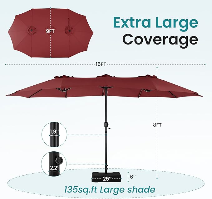 SMUG 15FT Large Patio Umbrella with Base Included, Rectangle Table Umbrella Outdoor Patio, Outside Umbrellas for Deck, Market, Backyard, Wine Red