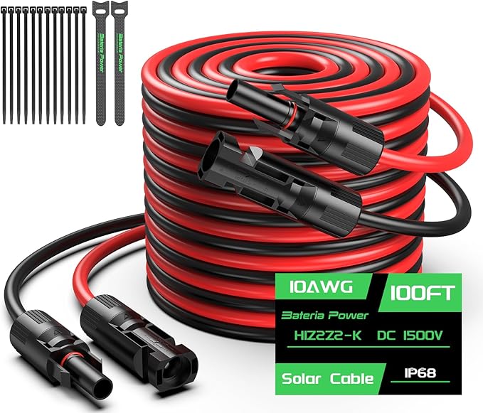 Bateria Power 100FT 10AWG Solar Panel Extension Cable, 6mm² Solar Extension Cable Wire with Female & Male Waterproof Connectors for RV, Photovoltaic Systems, Set of 2