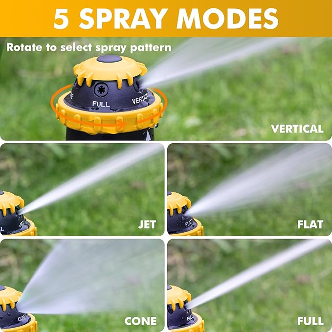 RESTMO Gear Drive Sprinkler with Metal Spike Base, 5-Pattern Heavy Duty Gardening Watering System, Multi-Adjustable Lawn Sprinkle for Garden Plant, Flower Bed and Large Yard Area Watering, Yellow