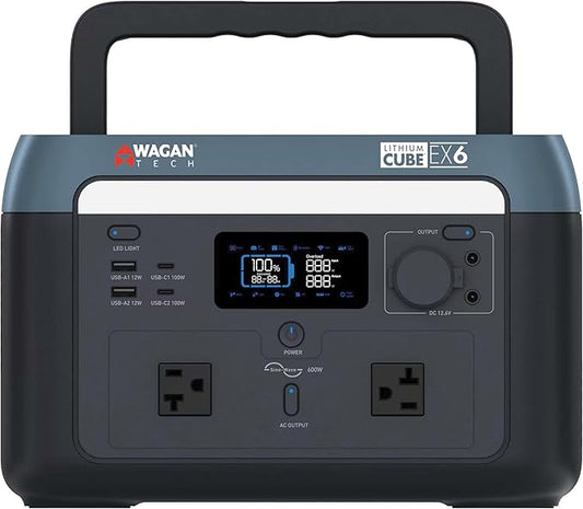 Wagan EL8838 Portable Power Station 600W Lithium Cube Solar Generator 512Wh LiFePO4 Battery Fast Charge 600W 1000W peak AC/100W USB-C for Home Backup, Power Outages, Outdoor Camping, Off-grid