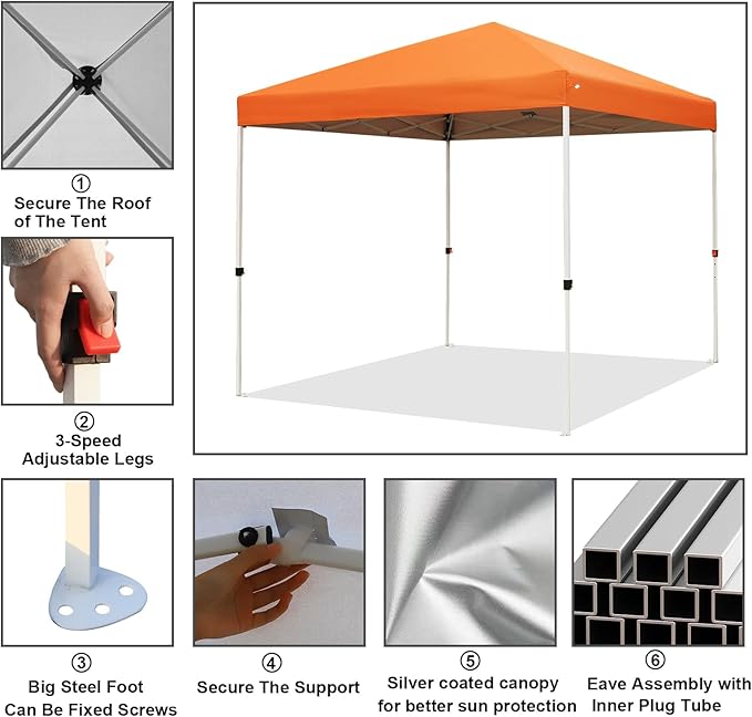Northroad 8X8 FT Pop Up Canopy, Outdoor Instant Canopy Tent w/Carrying Bag, Portable Gazebo Shelter for Wedding Party,Commercial Event,Patio,Garden,Beach -Orange