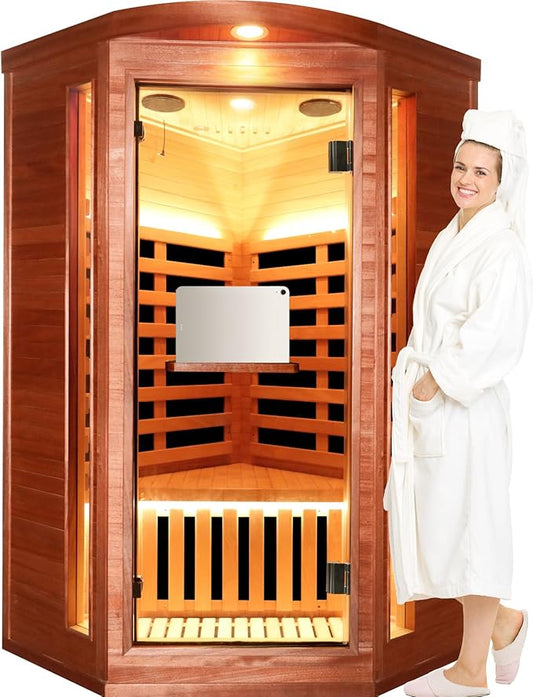 Corner Sauna for One Person Far Infrared Sauna Low-EMF African Mahogany Wood 1300W Indoor Saunas Wood Wax Oil on Outer Surface 37 * 37 * 71Inch