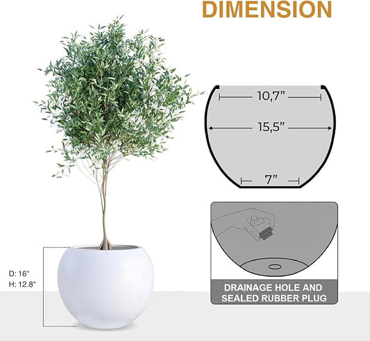 12.8" H x 16" D Globo Fiberstone Round Planter - Christmas Tree Planter, Smooth Finishes, Weather Resistant for Indoor & Outdoor Use, Included 2 Extra Coco Mats (White, 10.7" Pot Opening)
