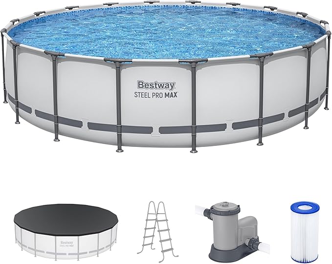 Bestway Steel Pro MAX 18 Foot x 48 Inch Round Metal Frame Above Ground Outdoor Swimming Pool Set with 1,000 Filter Pump, Ladder, and Cover