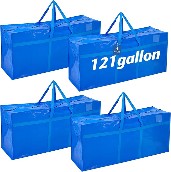 Windyun 4 Pack 121 Gallon Extra Large Storage Bags XXL Moving Bags with Zipper Handles Heavy Duty Jumbo Big Tote Box for Christmas Tree Storage 4, 5, 7.5, 9, 10, 12 ft Skeleton College Dorm(Blue)