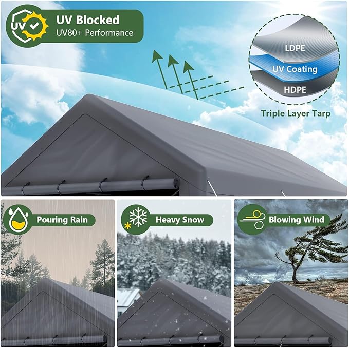 Carport 10x20ft Heavy Duty Canopy,Portable Garage Party Tent,Portable Garage with Removable Sidewalls & Doors All-Season Tarp for Car,Truck,Party Grey