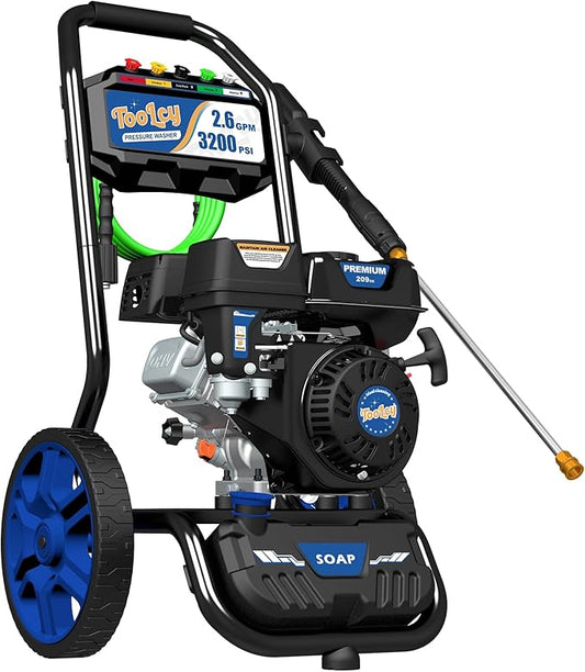 TOOLCY Gas Powered Pressure Washer, 3200 PSI and 2.6 Max GPM, 35FT Extended Power Hose, Kink-Less Swivel Gun with & 5 Nozzles, Reinforced Pump, for Cars/Fences/Driveways/Homes/Patios