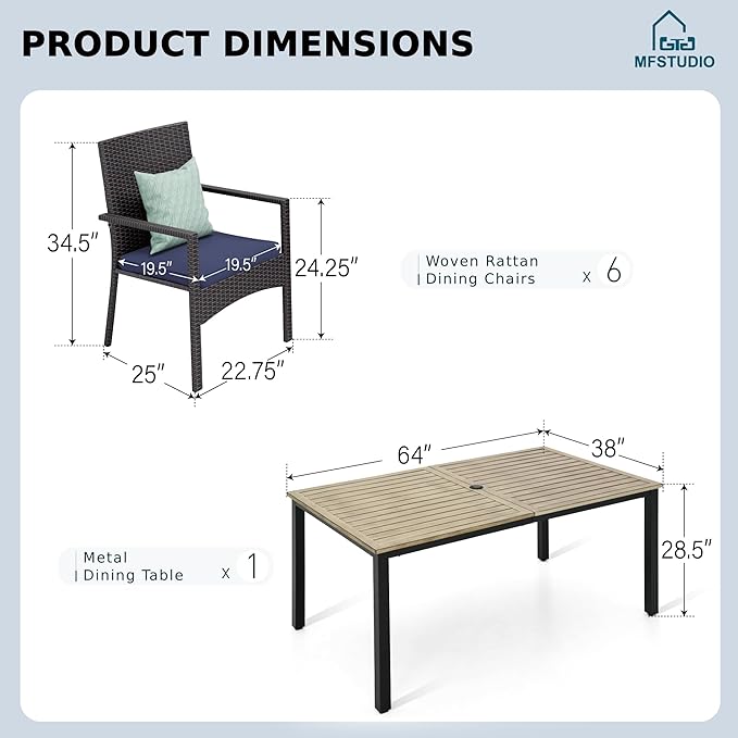 MFSTUDIO 7 Pieces Patio Dining Set for 6, 65” Wood-Like Metal Dining Table & Wicker Chairs, Outdoor Rattan Dining Furniture Set, Patio Rectangular Table and Chairs for 6, Deck, Backyard