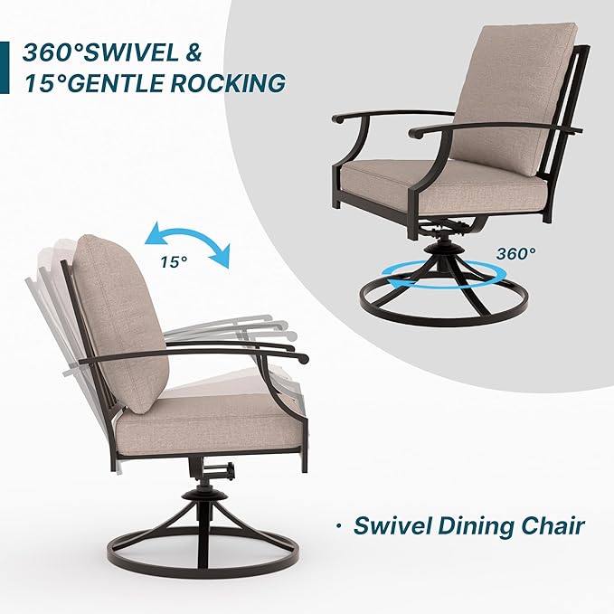 7 Pieces Patio Furniture Set with Round Fire Pit Table, Outdoor Conversation Sets 6 Swivel Chairs with Upgrade Cushions for Patio, Backyard Brown