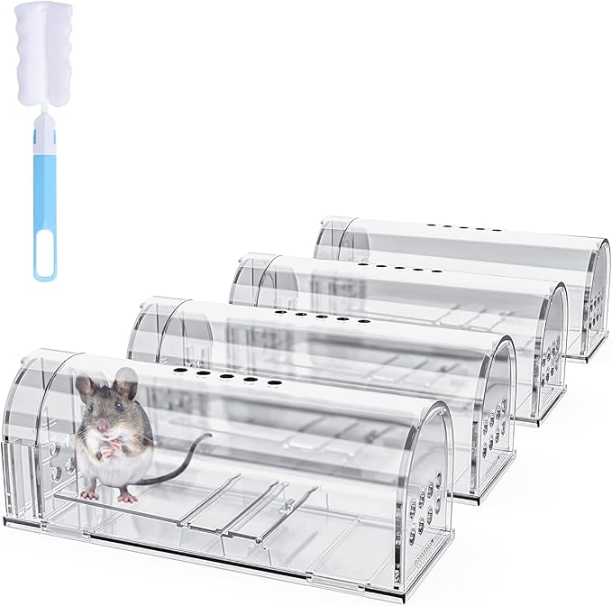 4 Pcs Humane Mouse Traps No Kill, Live Mouse Traps Indoor for Home, Reusable Mice Small Rat Trap Catcher for House & Outdoors(Clear)