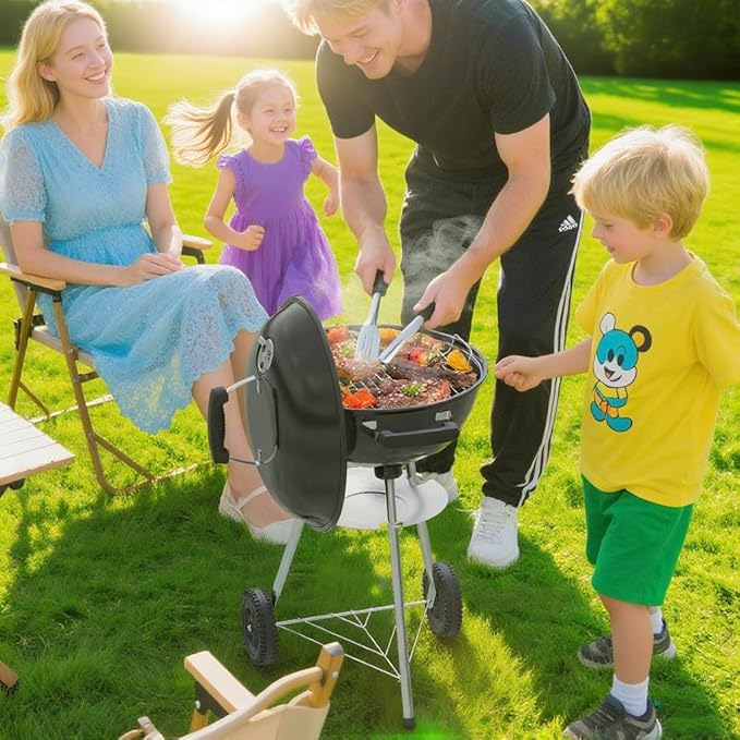 18 inch Charcoal Grill, Portable Kettle BBQ Grills, Perfect BBQ Gift, Durable & Easy to Assemble, Round Barbecue Grill with Wheels and Lid for Outdoor Cooking, Patio and Beach, Black