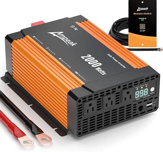 Ampeak 2000W Inverter, Car Power Inverter 12V to 120V, 89.37% High Efficiency Modified Sine Wave Inverter, 3 AC Outlets Dual USB 5V 3.1A, Surge 4000W Remote Controller for Vehicles, Truck, RV, Home
