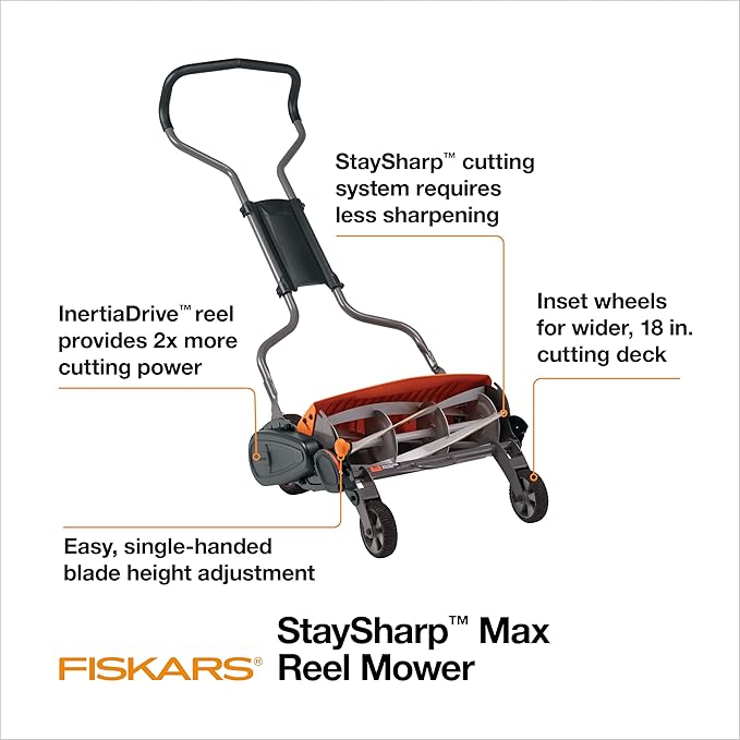 Fiskars Push Mower, Cut Width Manual Reel Mower with No Motor, Eco-Friendly Manual Reel Lawn Care, 18", Black