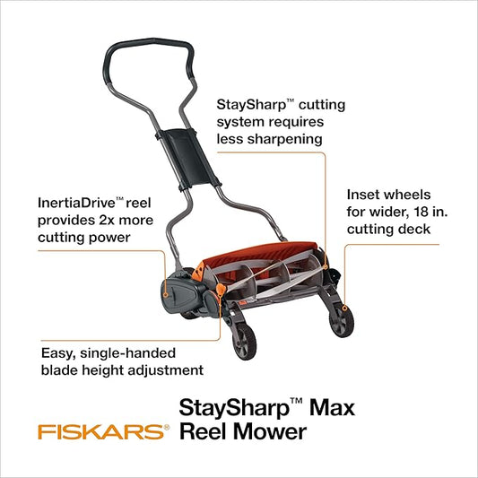 Fiskars Push Mower, Cut Width Manual Reel Mower with No Motor, Eco-Friendly Manual Reel Lawn Care, 18", Black