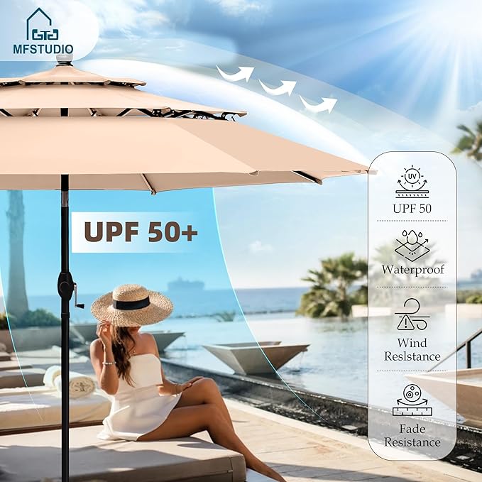 MFSTUDIO Patio Table and Chairs for 4 with 10ft Umbrella, 5 Pieces Outdoor Dining Table Furniture, 37'' Sqaure Metal Table & Swivel Chairs & Umbrella, Heavy Duty Patio Set with Umbrella