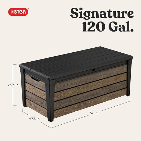 Keter Signature Collection 120 Gallon Resin Deck Box Organization and Storage Box for Patio Outdoor Cushions, Throw Pillows, Garden Tools and Pool Supplies, Walnut