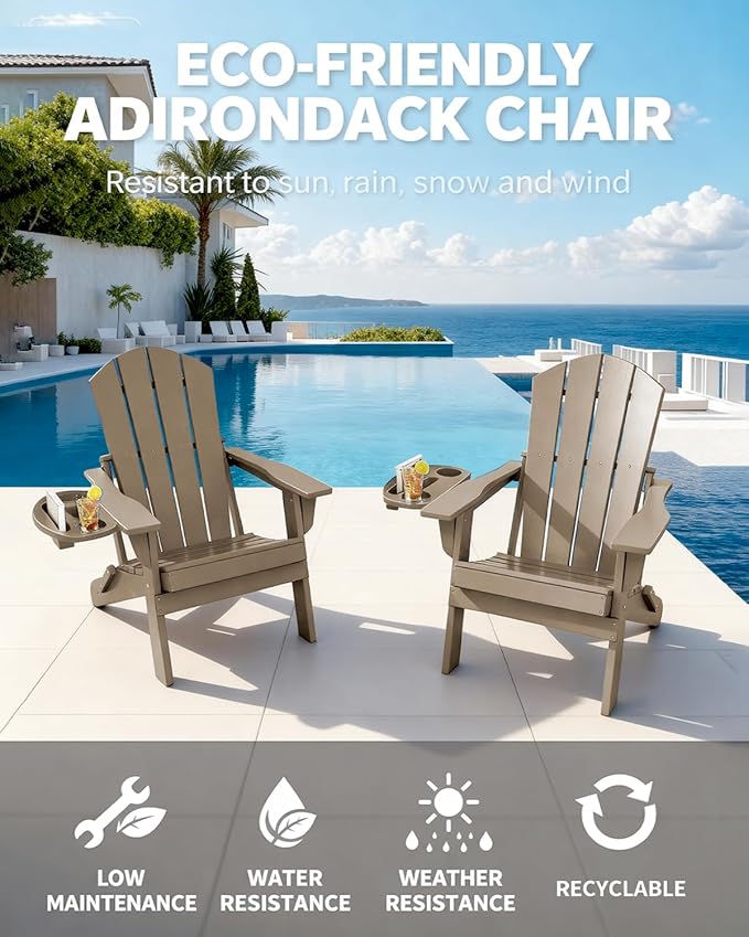 Adirondack Chair Set of 2, HDPE Folding Adirondack Chair with Multifunctional Cup Holder, Weather Resistant Fire Pit Chair for porches, patios, patios, poolsides, Decks.