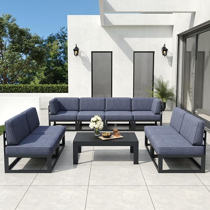 9 Pieces Aluminum Patio Furniture Set with Coffee Table, Metal Outdoor Conversation Sofa Set with Seating Cushions