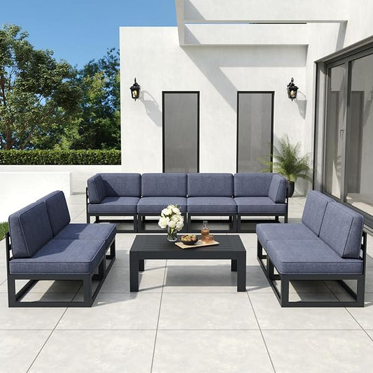 9 Pieces Aluminum Patio Furniture Set with Coffee Table, Metal Outdoor Conversation Sofa Set with Seating Cushions