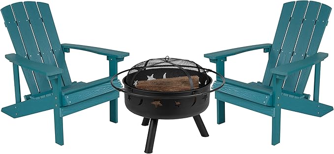 EMMA + OLIVER Campfire Set - Two Sea Foam Poly Resin Adirondack Chairs - 29" Star and Moon Fire Pit with Mesh Cover - Weather Resistant - Wood Burning Fire Pit