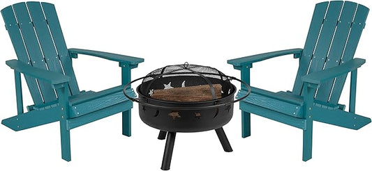 EMMA + OLIVER Campfire Set - Two Sea Foam Poly Resin Adirondack Chairs - 29" Star and Moon Fire Pit with Mesh Cover - Weather Resistant - Wood Burning Fire Pit
