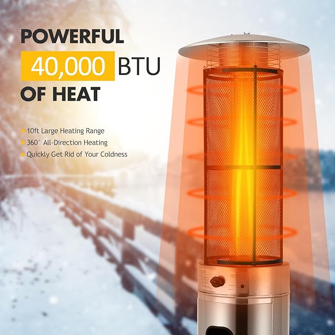 Giantex Propane Patio Heater, Floor-Standing Electric Heater w/Wheels, Dancing Flame, Quartz Glass Tube, Stainless Steel, Round Space Heater, Outdoor Heaters for Backyard, Balcony, BBQ Party, Silver