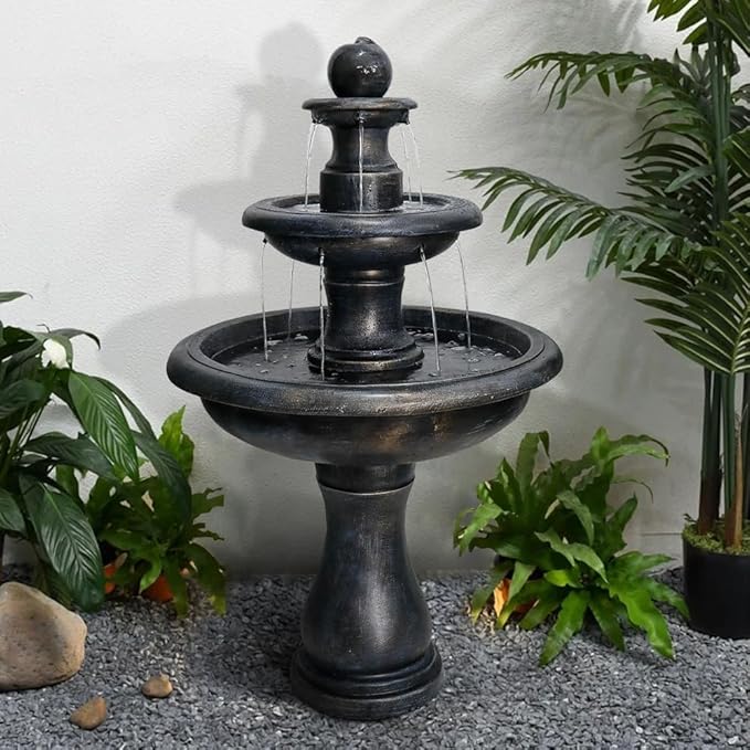 ourrco 45.2” H Outdoor Floor Water Fountain, 3-Tiers Concrete Water Fountain with Submersible Electric Pump - Garden Cascading Waterfall for Yard Patio Lawn Home Decor
