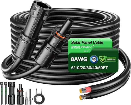 Bateria Power 30 Feet 8AWG Solar Panel Extension Cable, 10mm² Twin Wire Conductor Parallel Solar Wire Adapter Kit with Waterproof Female & Male Solar Connectors for RV, Marine, Photovoltaic Systems