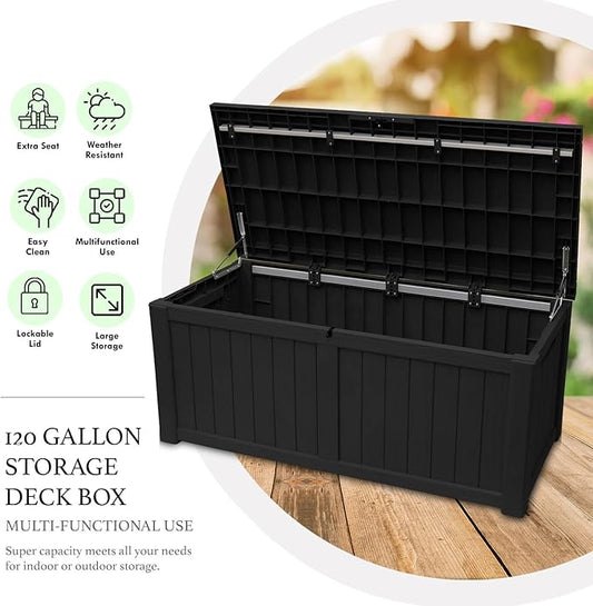 AJP Distributors 120 Gallon Outdoor Storage Box, Rain Waterproof Resin Deck Box, Lockable Large Storage Container for Patio Furniture, Cushions, Garden Tools, Sports Equipment and Pool Supplies Black