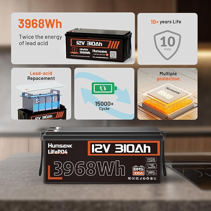 12V 300Ah (310Ah) LiFePO4 Lithium Battery – Max. 3968Wh, 15000+ Deep Cycle Battery with 100A BMS, Low-Temp Cutoff | A+ Grade Cells for Marine, Trolling Motor, Off-Grid Home Energy Storage, Van Life