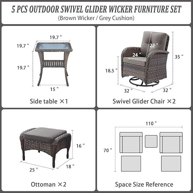 5 Piece Swivel Rocker Glider Outdoor Chairs Set of 2 with Ottoman and Glass Side Table Patio Bistro Furniture Set, Comfort High Back Wicker Patio Conversation Set for Deck Porch Sunroom
