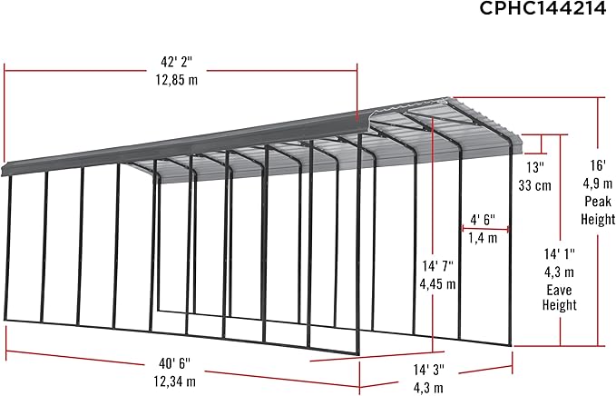 Arrow Carports Galvanized Steel Carport, RV Metal Carport Kit, 14' x 42' x 14', Charcoal