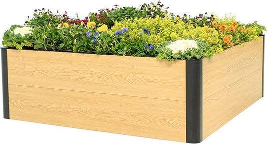 Vego garden Woodgrain Series Raised Garden Bed, 16'' Tall 4' x 4' Wooden-Look Metal Planter Box Outdoor for Gardening Vegetables Flowers Herbs