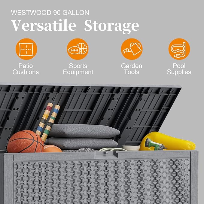 Outdoor Storage Box, 90 Gallon Deck Box, Waterproof Resin Storage Box for Patio Cushions, Gardening Tools, Lockable, UV Resistant, Grey
