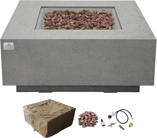 AMS Creations | Brooklyn 40" Square Propane Gas Outdoor Fire Pit Table | Light Gray Concrete GFRC | Limestone Texture Surface Fire Pit Table