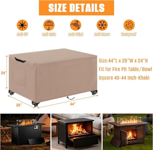 Kovshuiwe Porch Shield Fire Pit Cover Square-600D Fabric Waterproof and Resistant, Fits Outdoor For 40-44 Inch Fire Pit /Table Cover, Gas Fire Pit Cover-44"L x 26"W x 24"H, Khaki