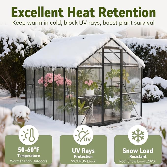 8X10 FT Greenhouse for Outdoors with Thermometers, Polycarbonate Walk-in Green House for Outside, Reinforced Aluminum Frame Greenhouses, Heavy Duty Garden, Patio, Backyard Flower Planting
