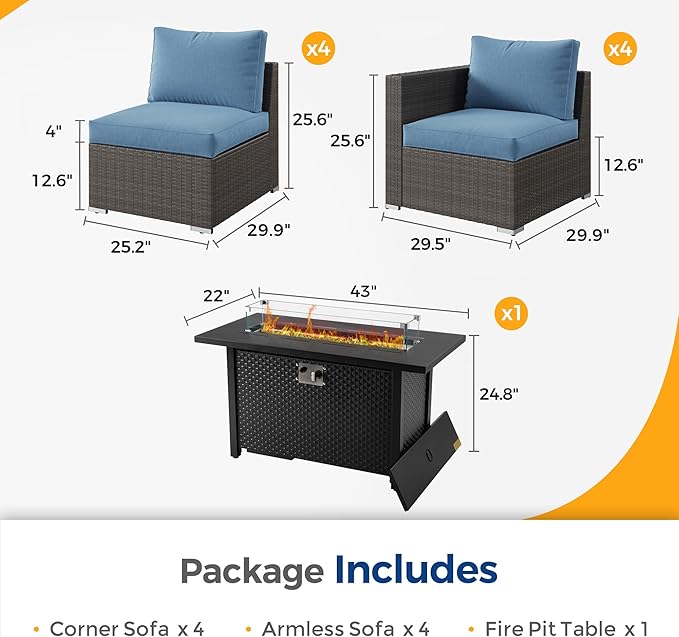 Wisteria Lane Patio Furniture Set for, 9 Pieces Wicker Outdoor Furniture Set with Washable Cushions & Fire Pit Table, Oversized Outdoor Sectional for Garden, Poolside, Backyard, Blue