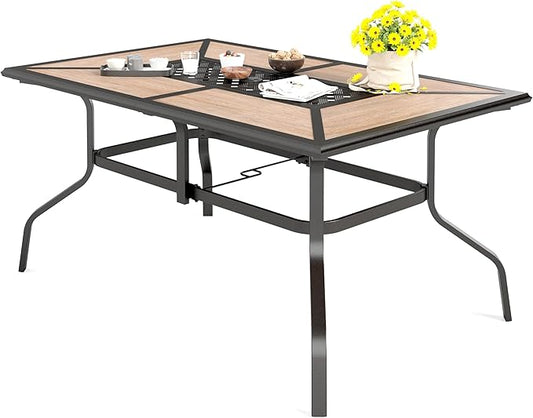 HERA'S HOUSE Patio Dining Table with Umbrella Hole for 6, Rectangle Outdoor Metal Table for Lawn Garden Backyard