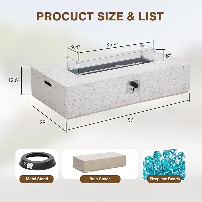 2-Piece Outdoor Propane Fire Pit Table Set – Premium Terrazzo-Like MgO Finish, 56-Inch Gas Fire Table with Glass Wind Guard for Patio, Garden & Backyard, Includes Rain Cover & Glass Beads