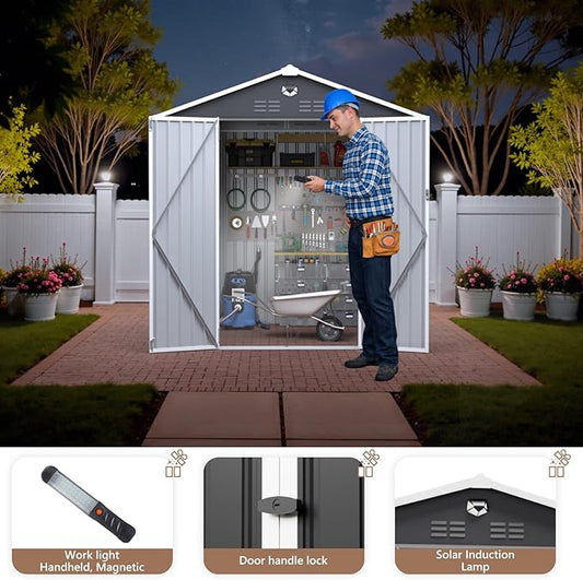 8X6 FT Outdoor Storage Shed, Metal Garden Shed - Tool Storage Sheds with Lockable Doors, Waterproof Outside Storage Building for Backyard, Patio (Black; Floor Not Included)