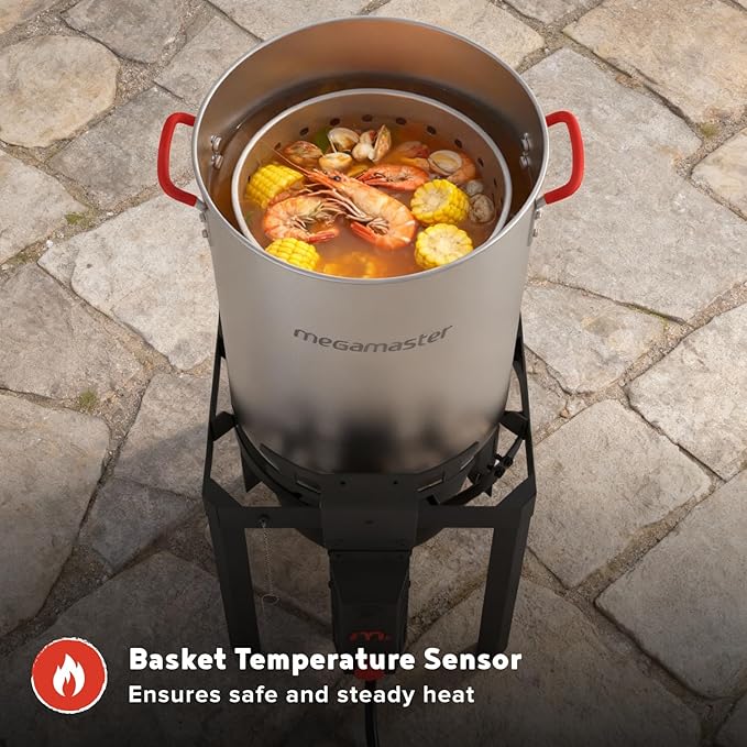 Megamaster Turkey Fryer Kit, Aluminum 30QT Seafood Boil Pot with Basket and 54000 BTUs Propane Burner, Turkey Deep Fryer with Regulator and 12" Thermometer for Outdoor Cooking - 840-45008