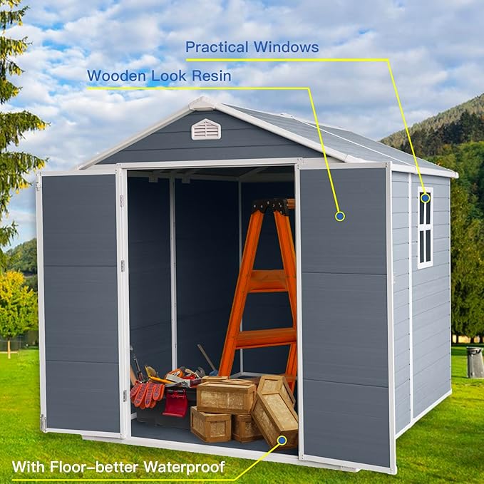 6 ft x 8 ft Resin Outdoor Storage, Plastic Garden Sheds with Floor and Lockable Door for Backyard, Lawn, Grey
