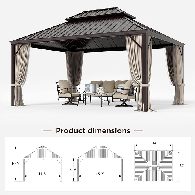 GREEN PARTY 12 X 16ft Hardtop Gazebo with Nettings and Curtains, Heavy Duty Double Roof Galvanized Steel, Outdoor Aluminum Gazebos Pergolas for Patios, Backyard, Deck, Garden, Lawns