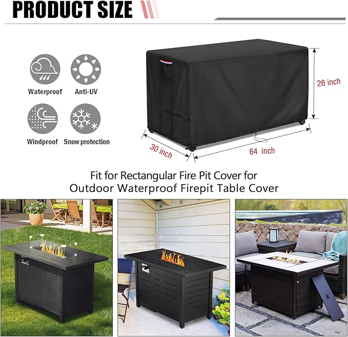 Fire Pit Cover Rectangular 64 Inch - Waterproof Outdoor Fire Table Cover Rectangle Heavy Duty, 600D Patio Propane Gas Firepit Cover Rectangular Tear Weather Resistant - 64 x 30 x 26 Inch