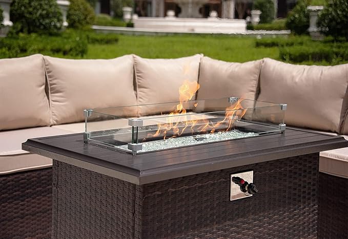 43" Wicker Outdoor Propane Gas Fire Pit Table with Rectangle Fire Pit Lid,55000 BTU Auto-Ignition Table Fire Pit w/Glass Wind Guard, Glass Rock for Outdoor,ETL Certified
