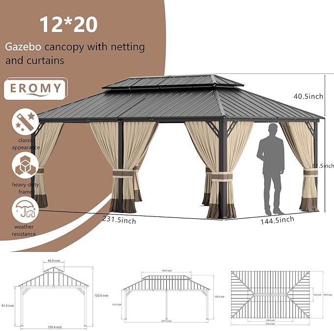 12’x20’ Hardtop Gazebo Outdoor Aluminum Frame Permanent Gazebo Galvanized Steel Double Roof Gazebos with Nettings and Curtains for Patio, Lawns,Backyard, Deck(Brown)