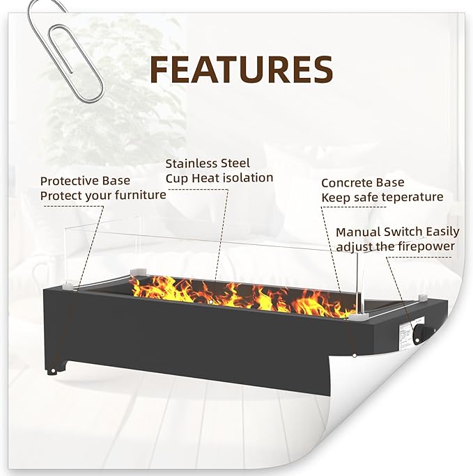 Tabletop Propane Fire Pit - 31.5 in, 40,000 BTU Rectangle Table top Fire Pit, Bowl w/Wind Glass Shield & Crystal Stone, Suitable for Outdoor, Patio, Balcony, Black
